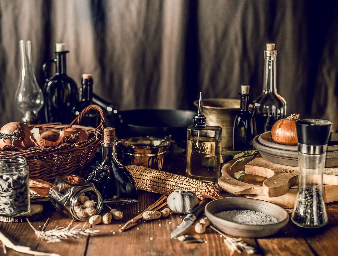 Oil bottles among pantry ingredients