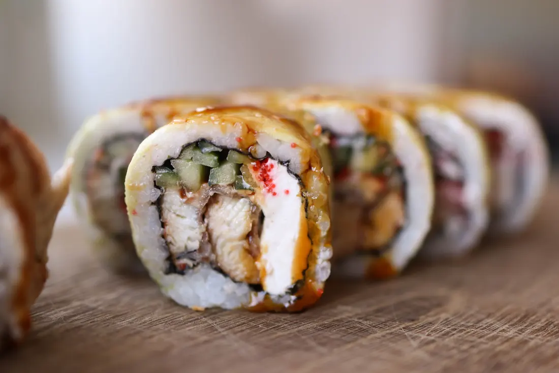 A finished roll, cut into pieces