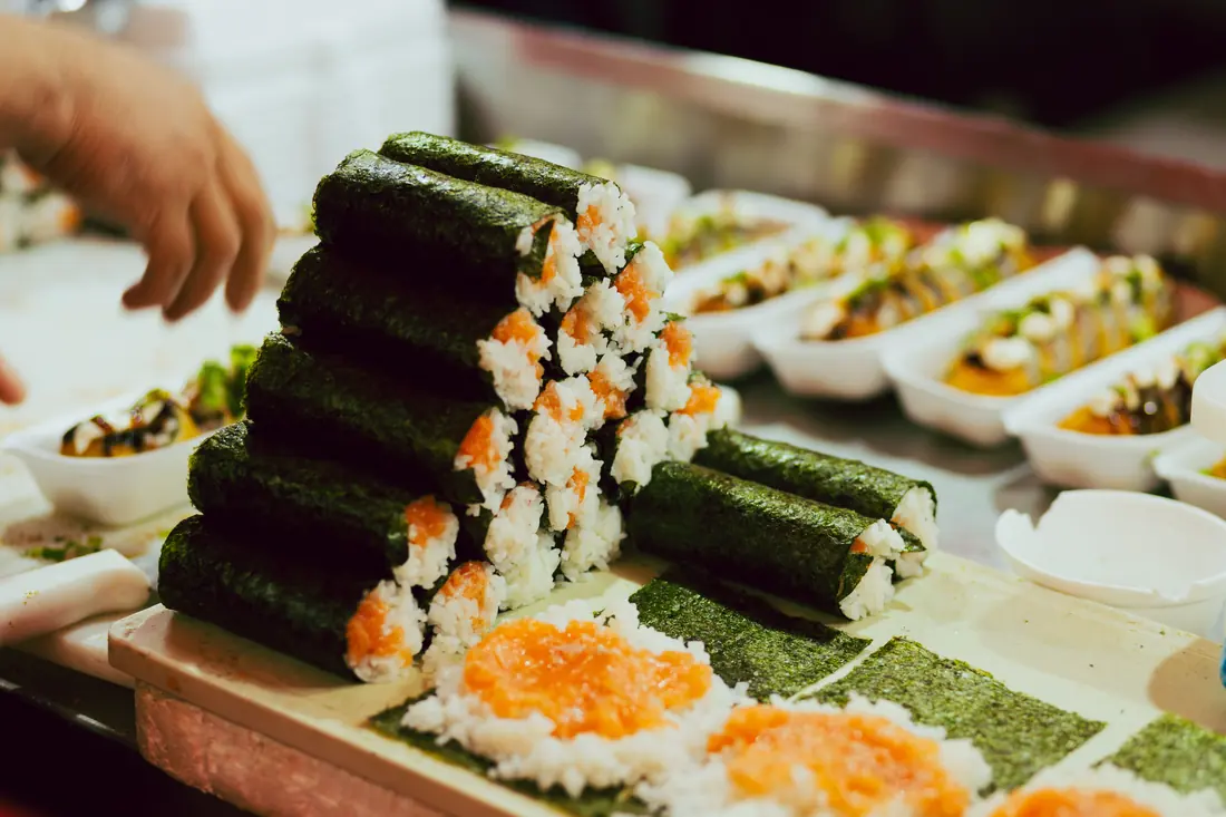 Seaweed-wrapped rolls on a counter