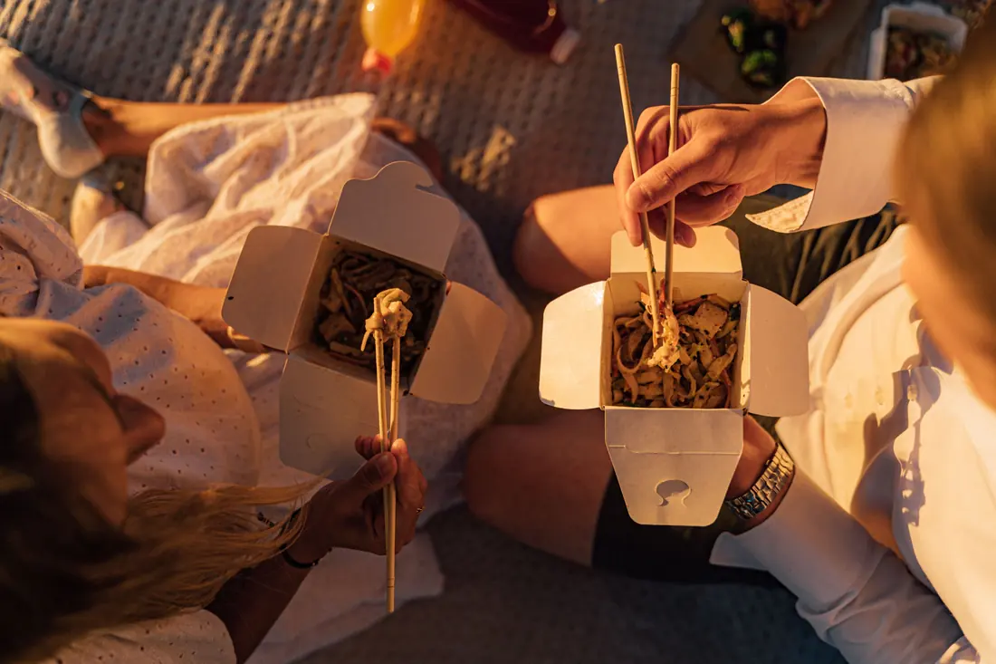 A takeaway carton of noodles