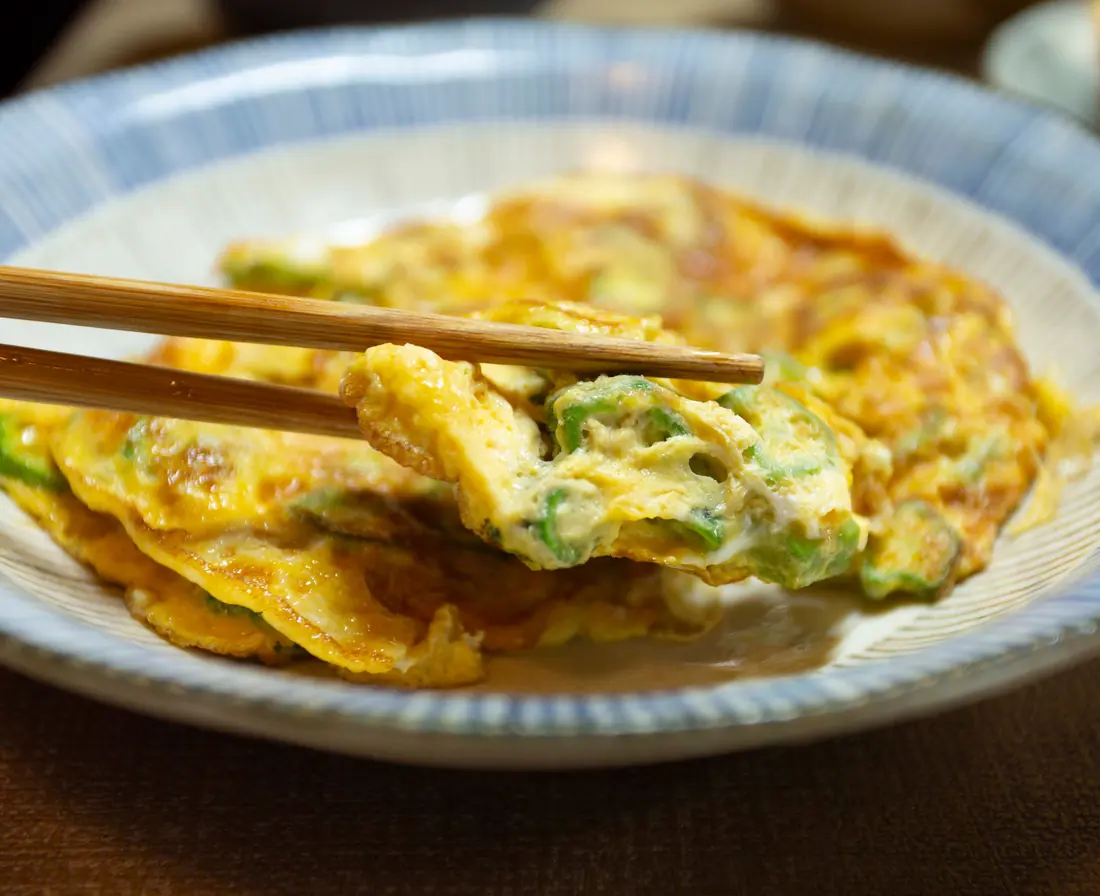 An omelette with spring onion on a plate
