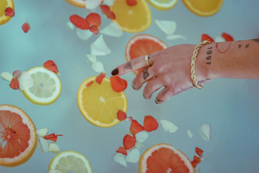Citrus slices floating in water