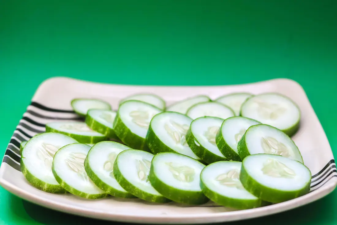 Cucumber slices in a shallow dish