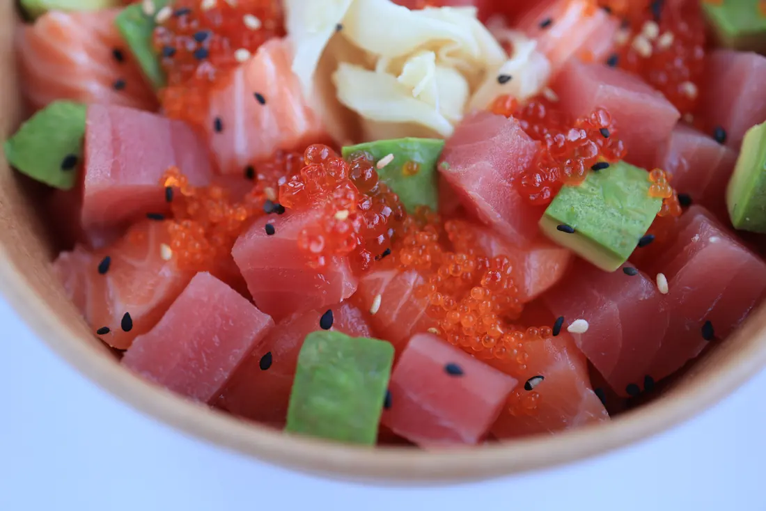 Diced raw fish with avocado and roe
