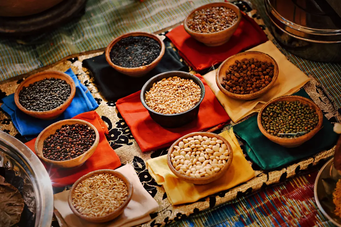 Assorted dried pulses in small bowls