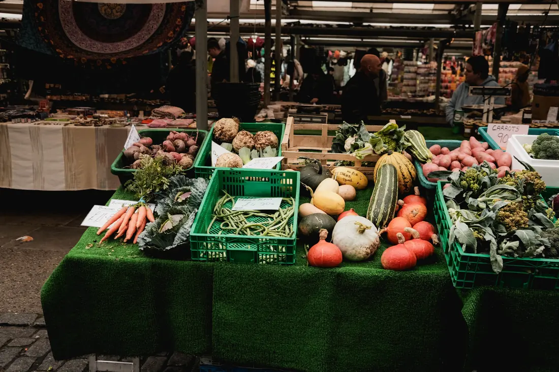 Vegetables laid out on a market stall