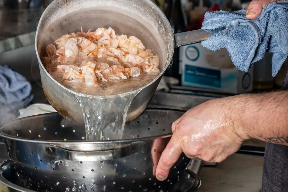 Noodles draining in a colander