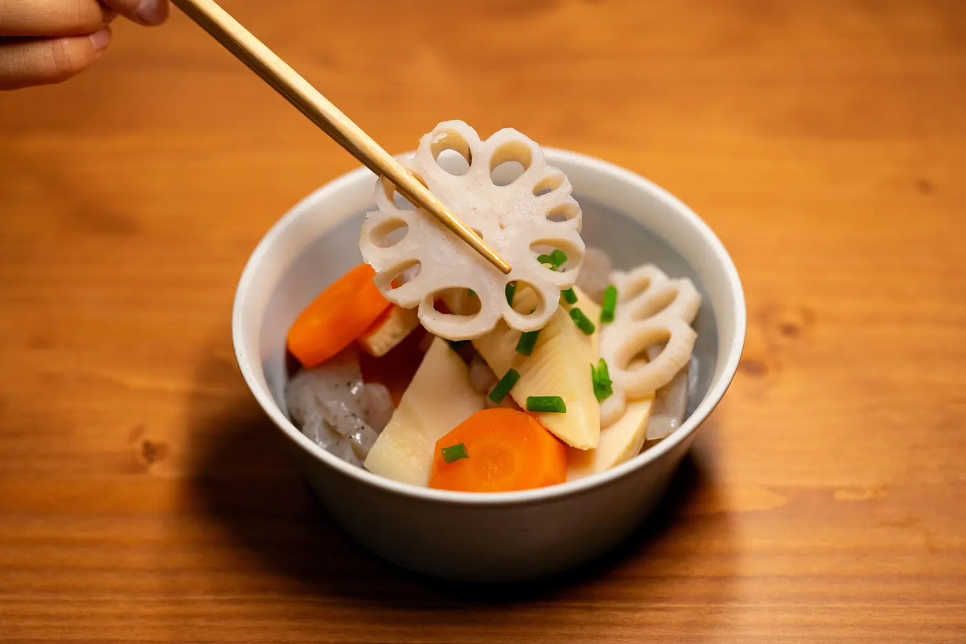 Simmered vegetables including pale wedges