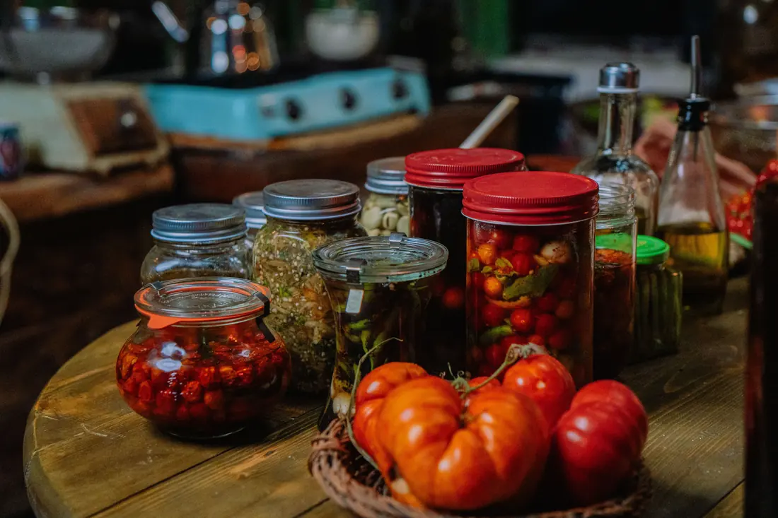 Preserved vegetables in glass jars