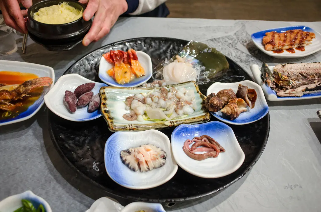 A spread of small seafood dishes