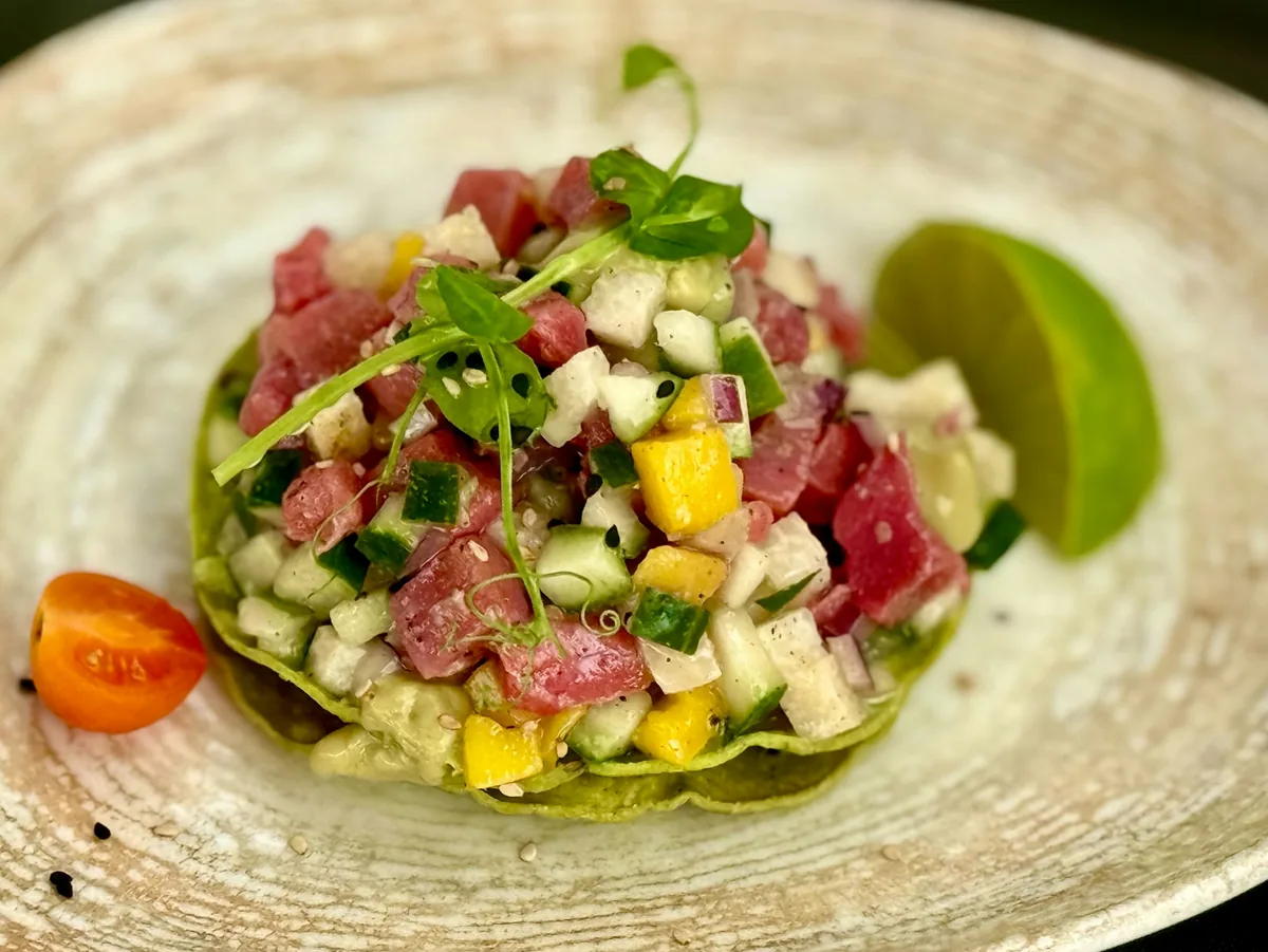 Ahi tuna tower with avocado and sushi rice