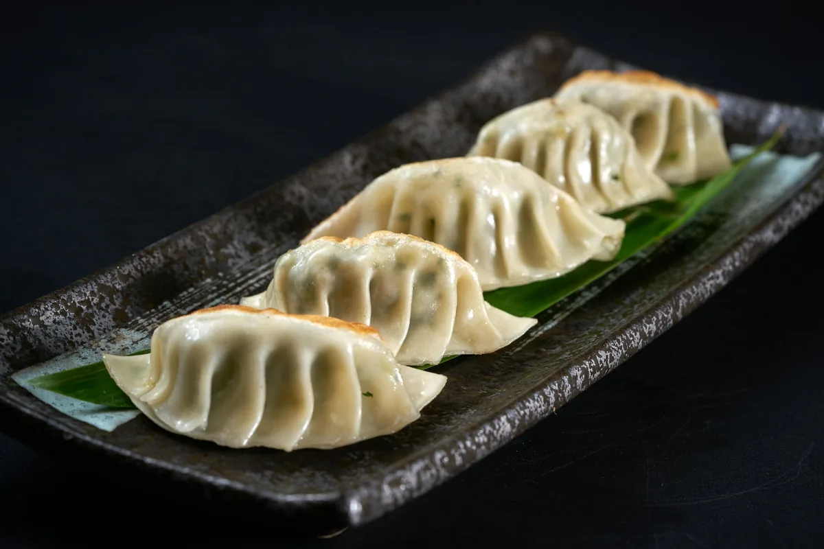Pan-seared gyoza dumplings served with dipping sauce