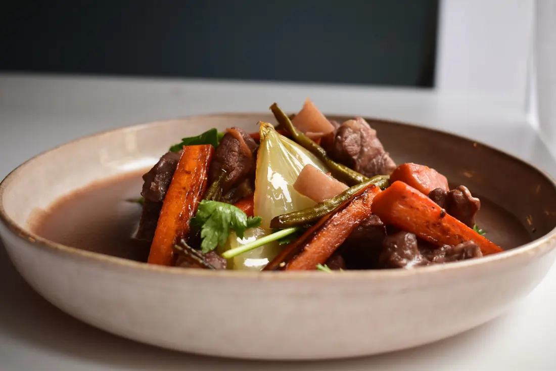A braised dish with root vegetables