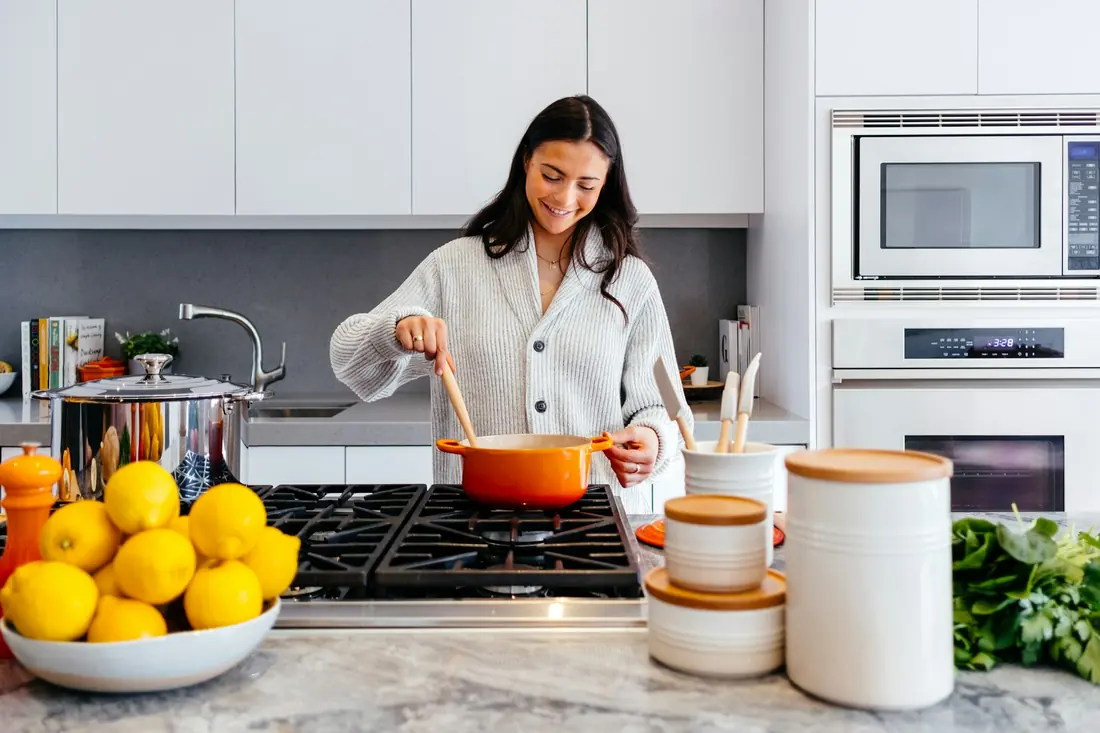 A pot on the stove in a home kitchen