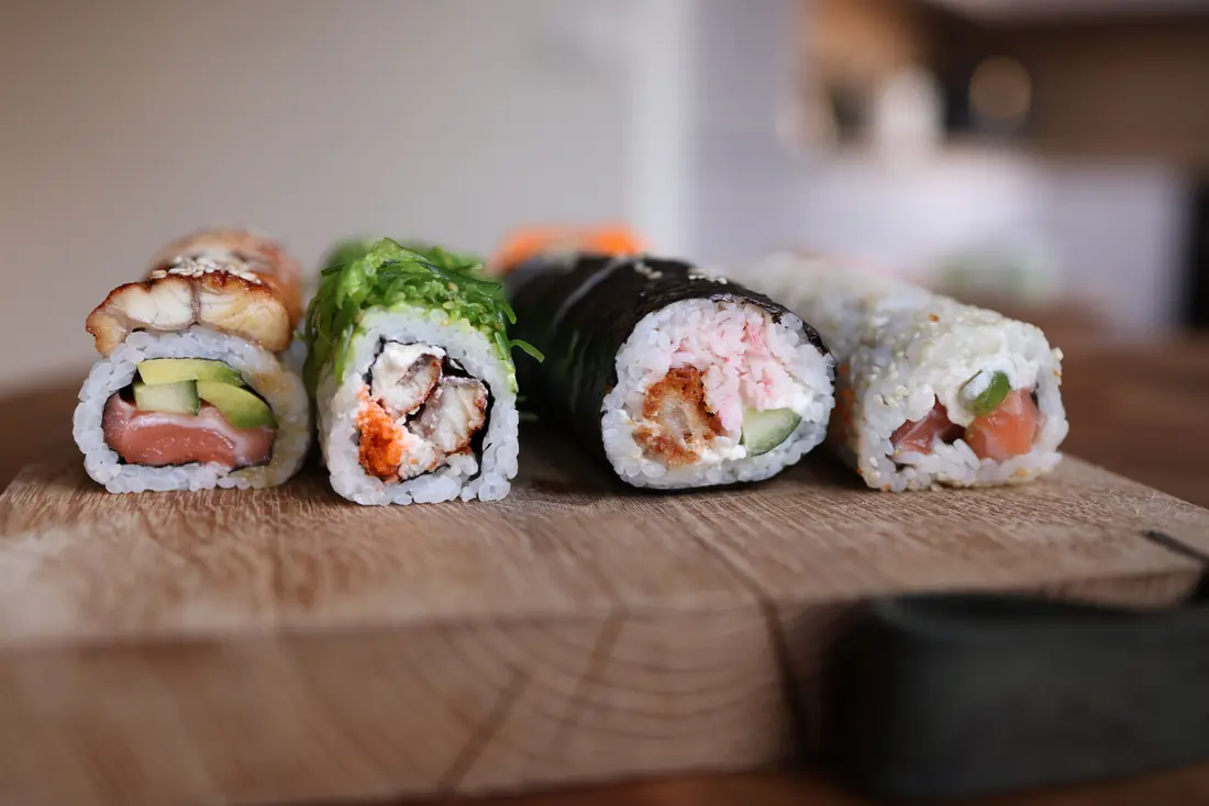 A shared platter of assorted sushi