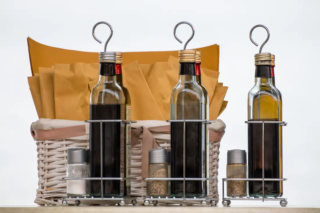 Oil and vinegar bottles in a cruet
