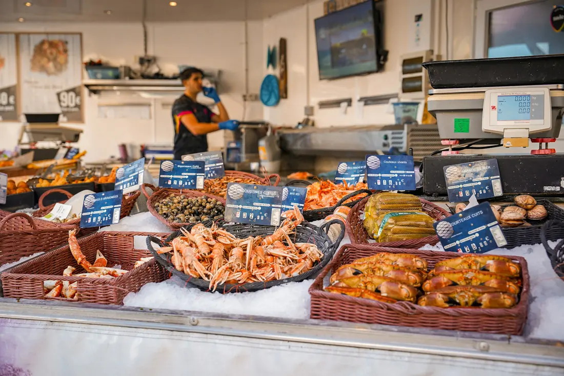 A chilled seafood counter stocked with shellfish